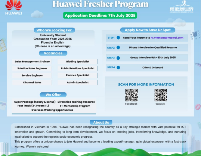 Huawei Fresher Program 2025 – Cơ hội phát triển sự nghiệp tại tập đoàn công nghệ toàn cầu