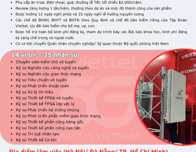 Viettel High Tech tuyển dụng Kỹ sư Nghiên cứu & Phát triển hệ thống 4G/5G/6G