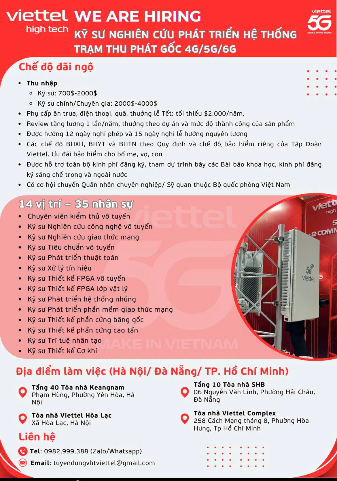 Viettel High Tech tuyển dụng Kỹ sư Nghiên cứu & Phát triển hệ thống 4G/5G/6G